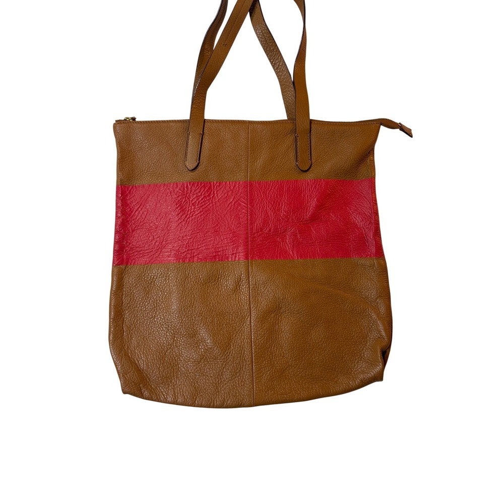 GAP Leather Tote Bag Brown‎ Red Colorblock Zip Top Shoulder Purse Large Carryall - Picture 4 of 10